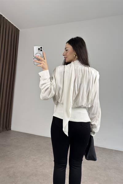 Premium Şal Detaylı Pamuklu Drapeli Beyaz Bluz 