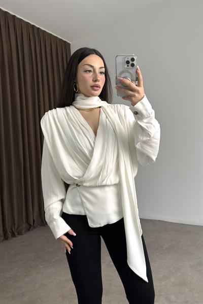 Premium Şal Detaylı Pamuklu Drapeli Beyaz Bluz 