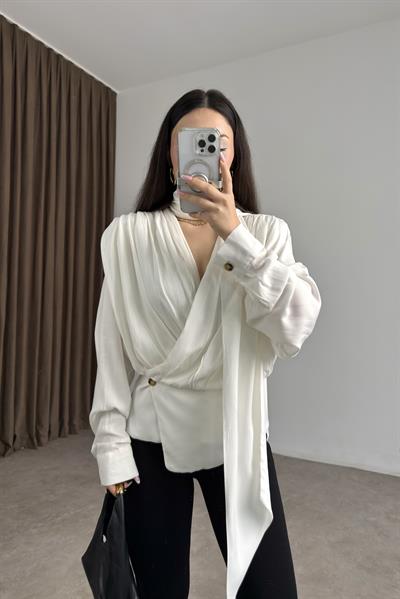 Premium Şal Detaylı Pamuklu Drapeli Beyaz Bluz 