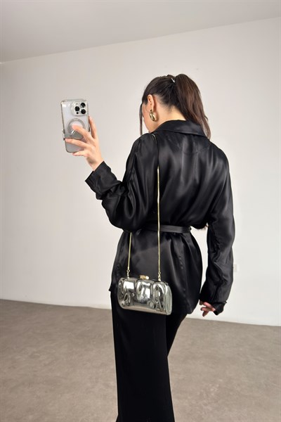 Premium Saten Kruvaze Kuşaklı Siyah Takım