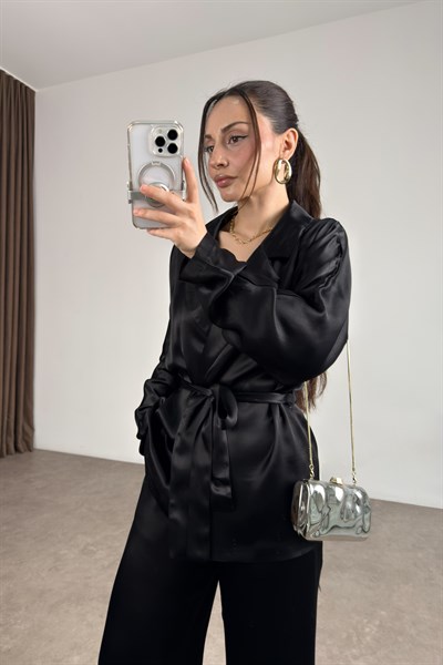 Premium Saten Kruvaze Kuşaklı Siyah Takım