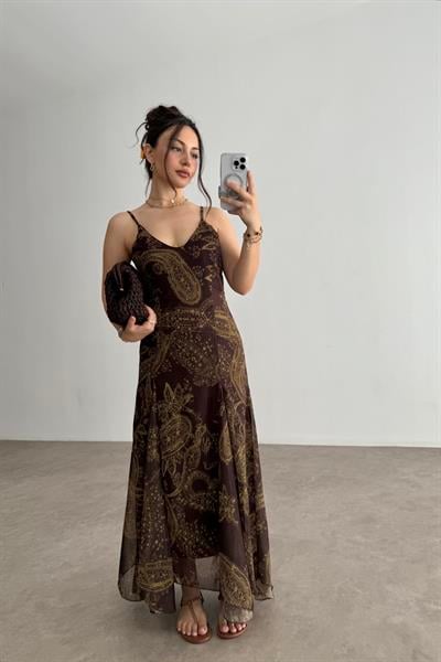 Premium Şifon Şal Desenli Elbise 