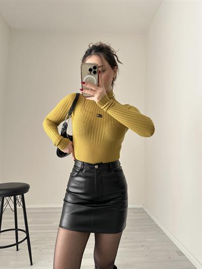 Premium Siyah Deri Mini Etek