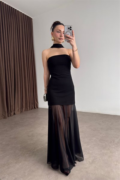 Premium Straplez Eteği Tül Siyah Elbise 