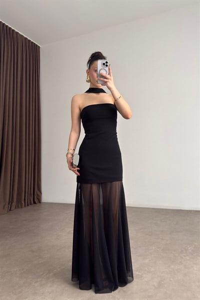 Premium Straplez Eteği Tül Siyah Elbise 
