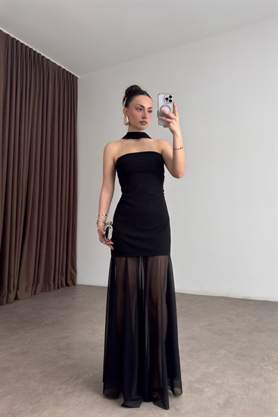 Premium Straplez Eteği Tül Siyah Elbise 
