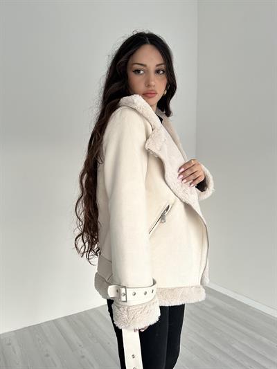 Premium Süet Kürklü Uzun Ekru Mont