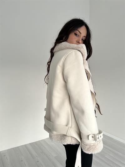 Premium Süet Kürklü Uzun Ekru Mont