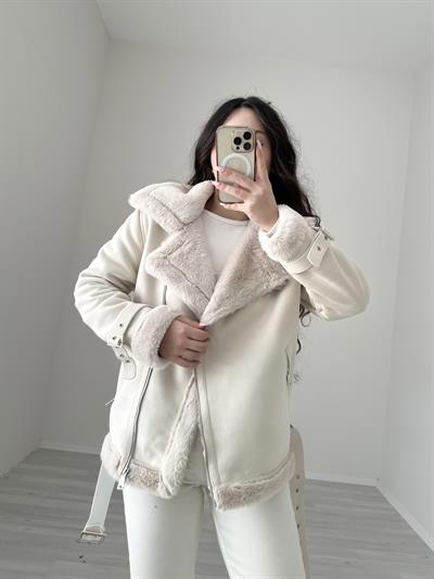 Premium Süet Kürklü Uzun Ekru Mont