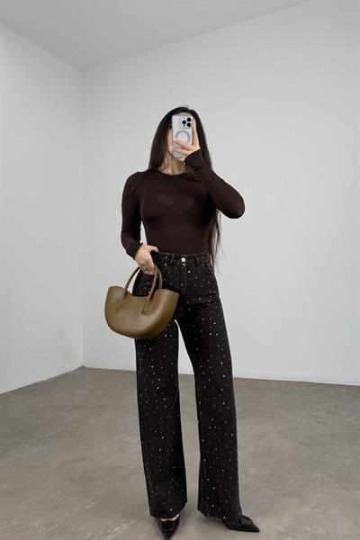 Premium Taş İşlemeli Yüksek Belli Acı Kahve Jean