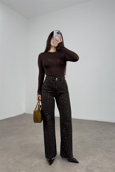 Premium Taş İşlemeli Yüksek Belli Acı Kahve Jean