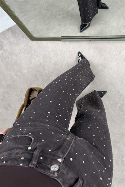 Premium Taş İşlemeli Yüksek Belli Acı Kahve Jean