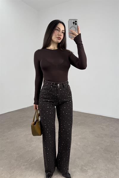 Premium Taş İşlemeli Yüksek Belli Acı Kahve Jean