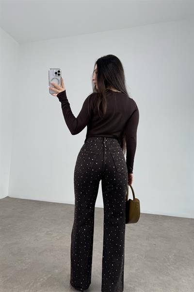 Premium Taş İşlemeli Yüksek Belli Acı Kahve Jean