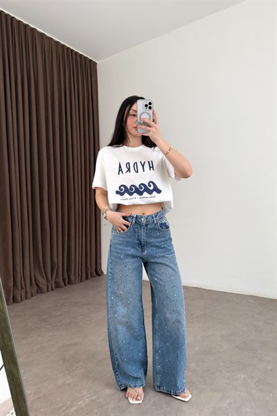 Premium Taş İşlemeli Yüksek Belli Orta Mavi Jean