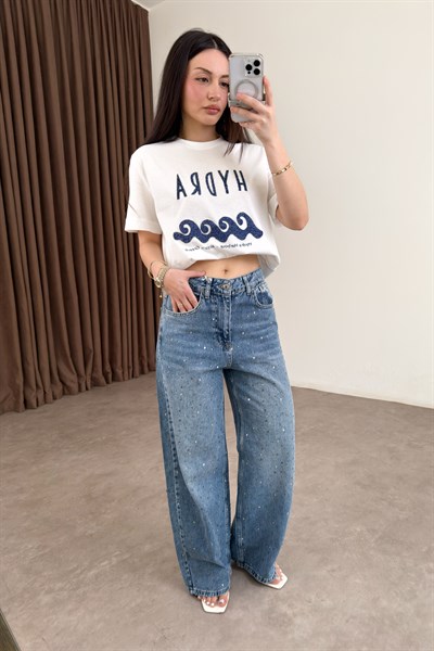 Premium Taş İşlemeli Yüksek Belli Orta Mavi Jean