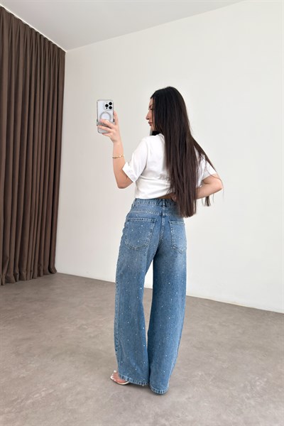 Premium Taş İşlemeli Yüksek Belli Orta Mavi Jean