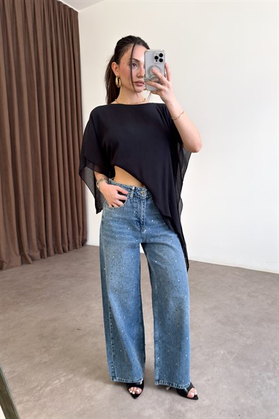 Premium Taş İşlemeli Yüksek Belli Orta Mavi Jean