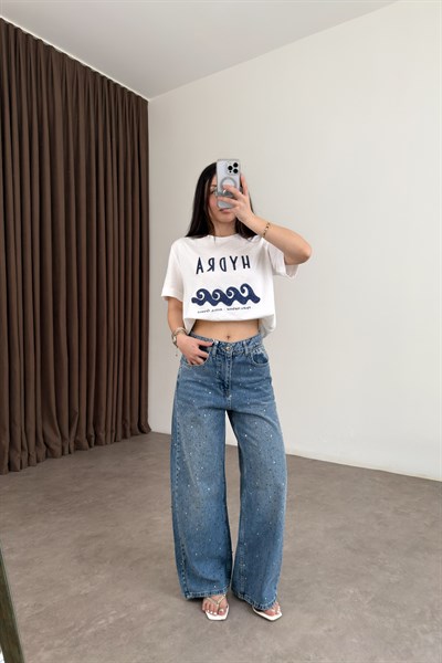 Premium Taş İşlemeli Yüksek Belli Orta Mavi Jean