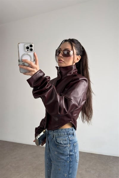 Premium Tasarım Korse Model Bordo Deri Ceket