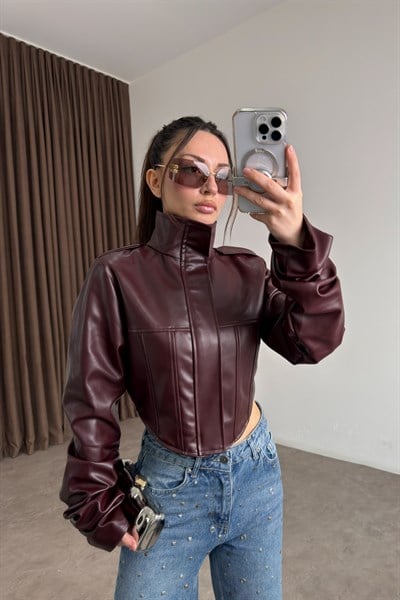Premium Tasarım Korse Model Bordo Deri Ceket