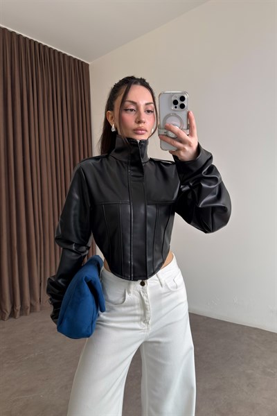 Premium Tasarım Korse Model Siyah Deri Ceket