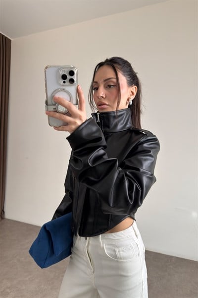 Premium Tasarım Korse Model Siyah Deri Ceket