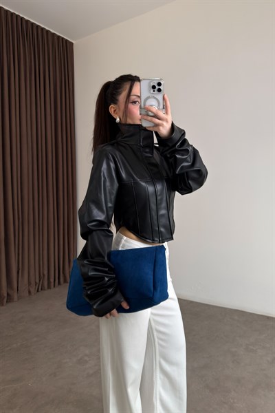 Premium Tasarım Korse Model Siyah Deri Ceket