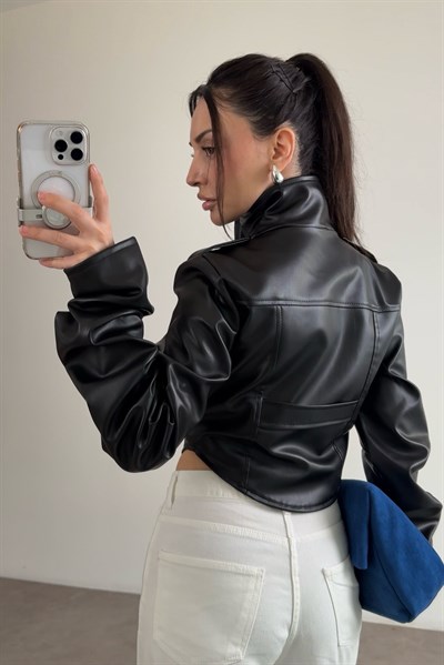 Premium Tasarım Korse Model Siyah Deri Ceket