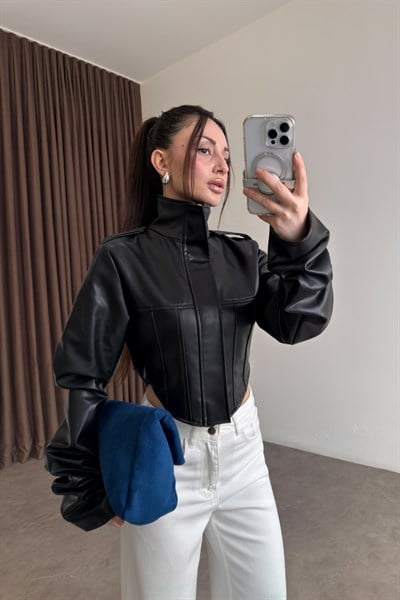 Premium Tasarım Korse Model Siyah Deri Ceket