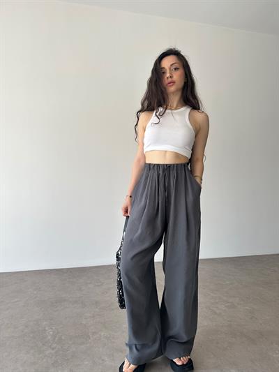 Premium Tensel Ekstra Yüksek Belli Pantolon Füme