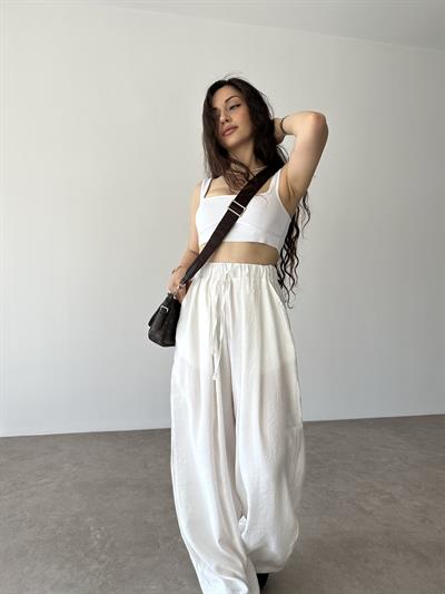 Premium Tensel Ekstra Yüksek Belli Pantolon Beyaz