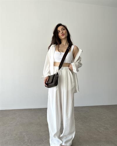 Premium Tensel Ekstra Yüksek Belli Pantolon Beyaz