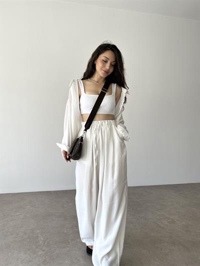 Premium Tensel Ekstra Yüksek Belli Pantolon Beyaz