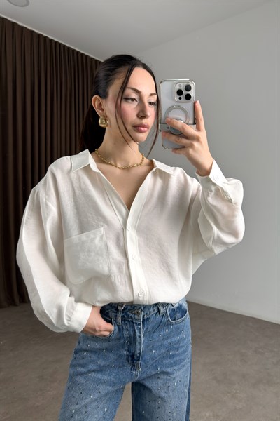 Premium Tensel Oversize Ekru Gömlek 