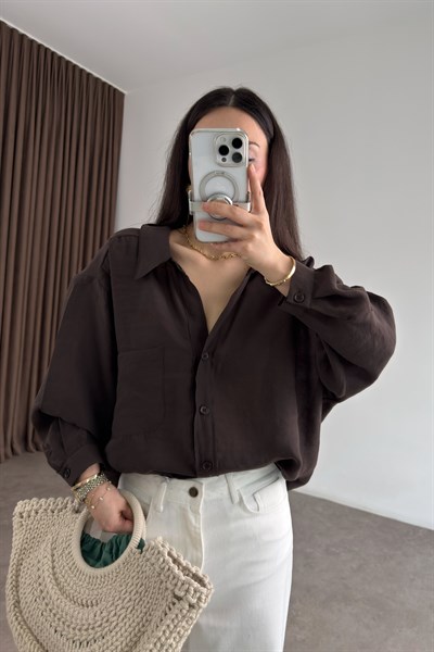 Premium Tensel Oversize Kahverengi Gömlek 