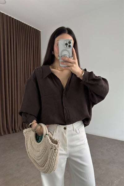 Premium Tensel Oversize Kahverengi Gömlek 