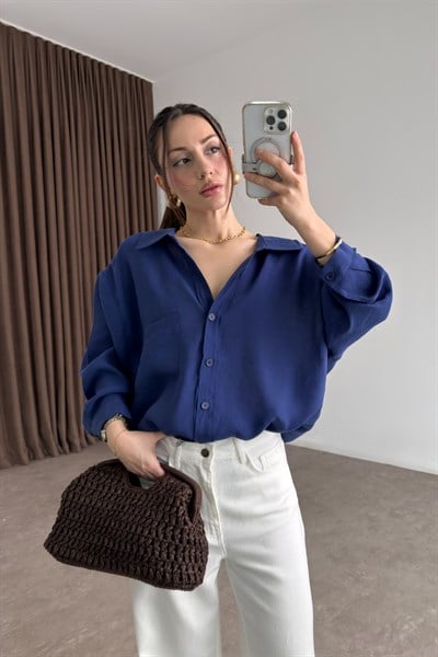 Premium Tensel Oversize Menekşe Mavi Gömlek 