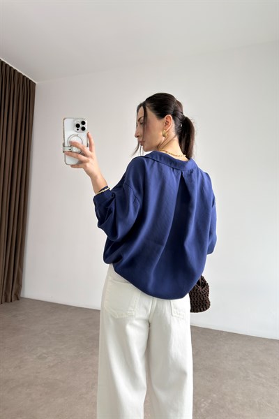 Premium Tensel Oversize Menekşe Mavi Gömlek 