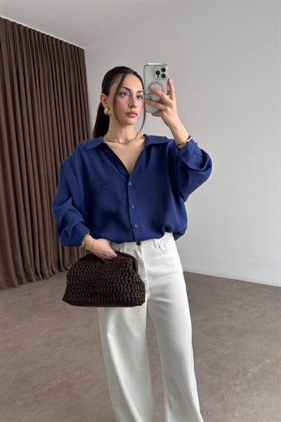 Premium Tensel Oversize Menekşe Mavi Gömlek 