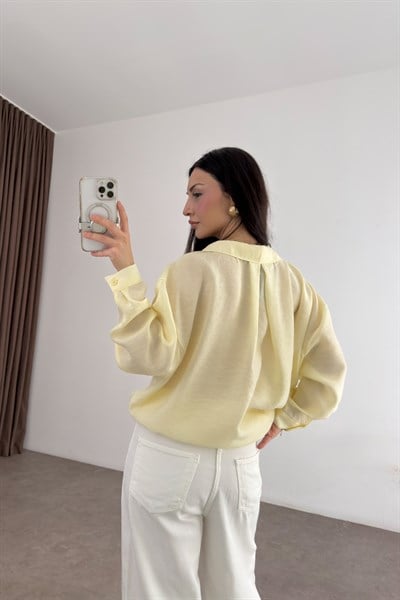 Premium Tensel Oversize Pastel Sarı Gömlek 