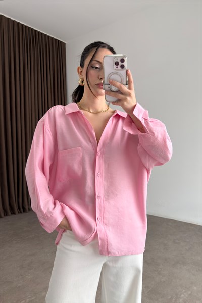Premium Tensel Oversize Pembe Gömlek 