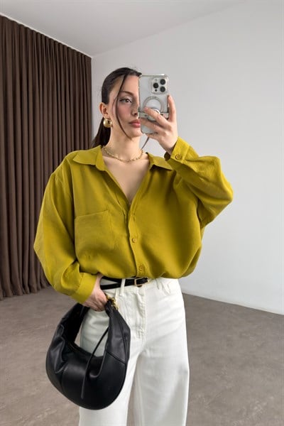 Premium Tensel Oversize Yağ Yeşili Gömlek 