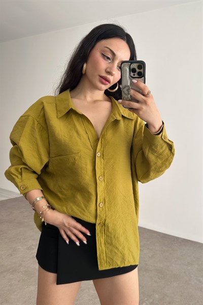 Premium Tensel Oversize Yağ Yeşili Gömlek 
