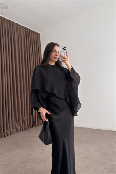 Premium Tensel Siyah Pelerin Bluz