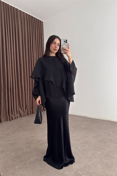 Premium Tensel Siyah Pelerin Bluz