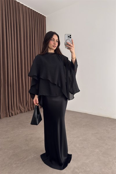 Premium Tensel Siyah Pelerin Bluz