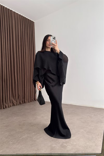 Premium Tensel Siyah Pelerin Bluz