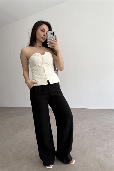 Premium Tok Pamuk Keten Yüksek Bel Palazzo Pantolon Siyah