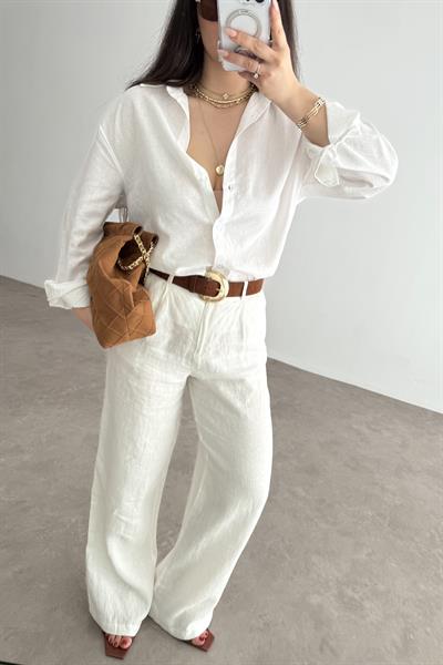 Premium Tok Pamuk Keten Yüksek Bel Palazzo Pantolon Beyaz